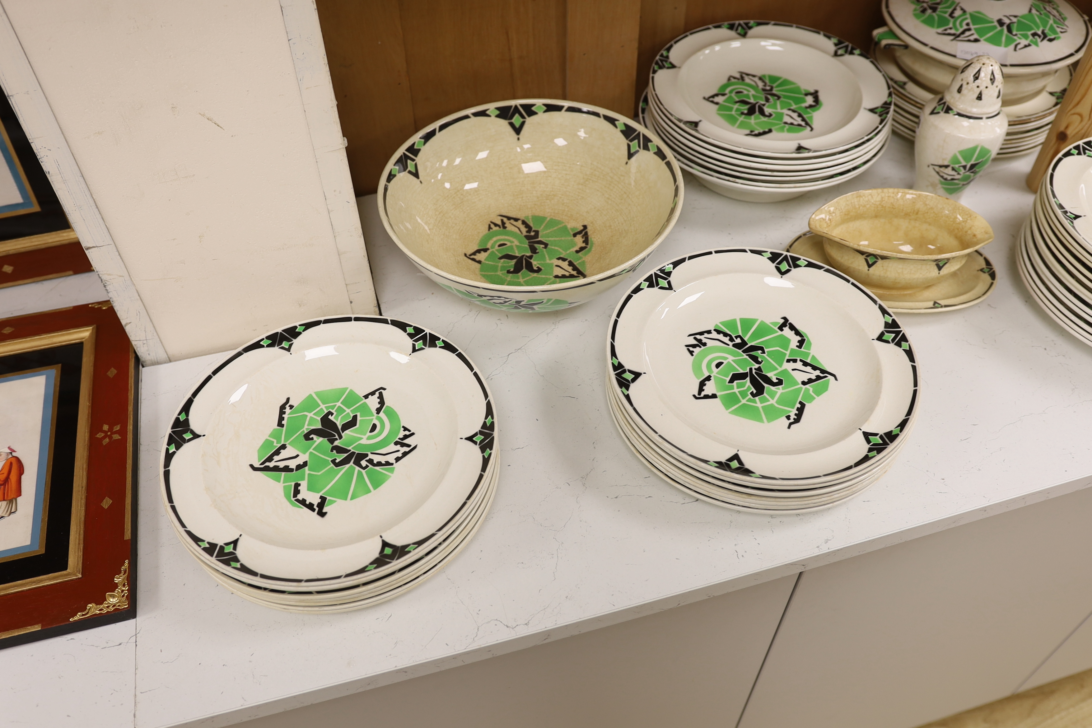 A Rouard Art Deco part dinner service including tureens, soup bowls and a centre bowl